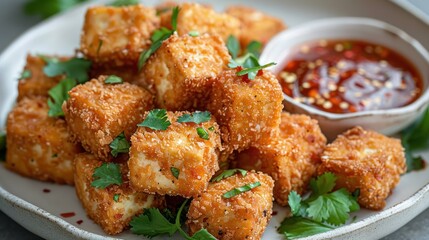 Fototapeta premium Crispy Fried Tofu with Spicy Dipping Sauce and Cilantro Garnish