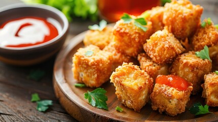 Crispy Fried Tofu Cubes with Parsley and Red Sauce