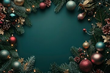 Decorated with ornaments and lights Christmas tree on dark green background. Merry Christmas and Happy Holidays greeting card, frame, banner. New Year. Noel. Winter holiday theme