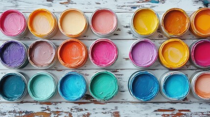 Fototapeta premium An artistic composition of open metal paint cans in diverse hues, captured in high-quality photography with vibrant details, placed on a white poster background with copy space for design