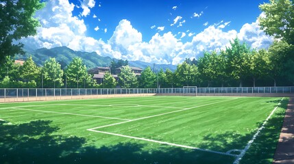 Empty Soccer Field with Green Grass and a Blue Sky, Surrounded by Trees and Mountains.
