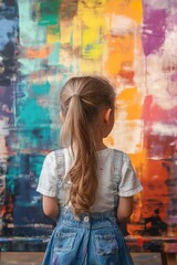 Obraz premium Little girl painting on a large canvas, colorful abstract art in progress