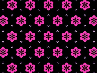 A repeating pattern of pink stylized flowers on a black background creates a bold, graphic design.