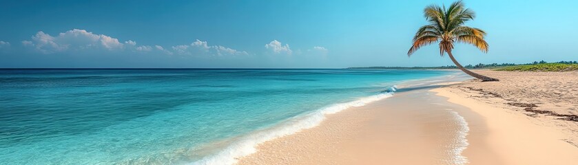 Obraz premium A solitary palm tree leaning over a crystalclear beach, with turquoise waters stretching into the horizon