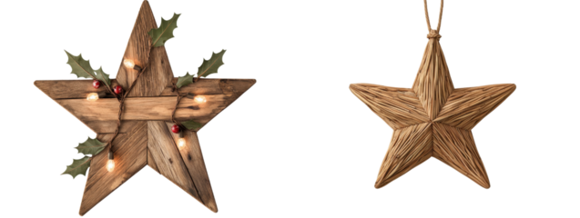 Wooden holiday stars with decorations, white isolate background.