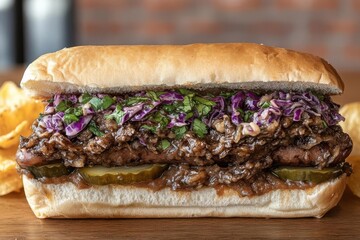 A hearty sandwich loaded with meat, pickles, and fresh toppings, served with chips.