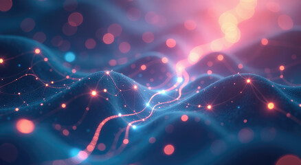 Ethereal Digital Data Streams: Dreamlike Network with Glowing Nodes in a Surreal Futuristic Landscape