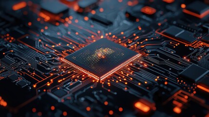 Close-up of a glowing microchip on a circuit board