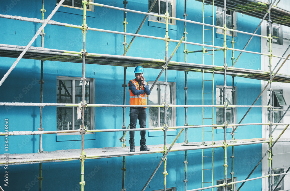 Poster Planning, construction and man on scaffolding with phone call, communication and architecture. Property developer, contractor or project manager at site on smartphone for civil engineering inspection