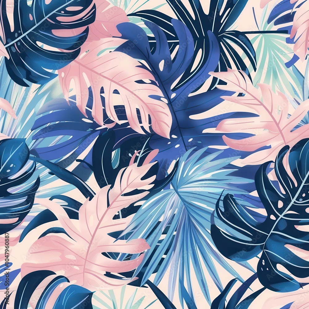 Poster a striking design showcases an array of tropical leaves in varying shades of blue and pink, offering