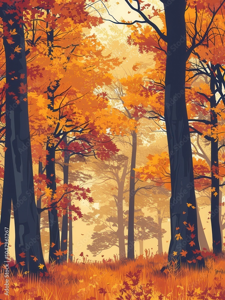 Poster a tranquil forest is filled with trees adorned in stunning orange and yellow leaves, creating a magi