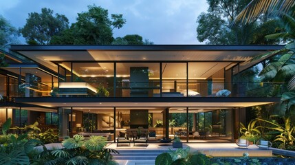 Fototapeta premium Modern Glass and Steel House Surrounded by Lush Tropical Foliage at Night