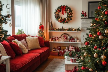 Domestic and cozy christmas living room interior with corduroy sofa, white shelf, mock up poster frame, christmas tree, decoration, wreath, gifts and accessories. Home decor. Family time. Template