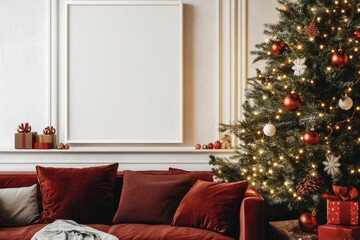 Domestic and cozy christmas living room interior with corduroy sofa, white shelf, mock up poster frame, christmas tree, decoration, wreath, gifts and accessories. Home decor. Family time. Template