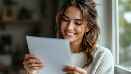 Naklejka premium Happy Young Woman Reading a Letter by the Window