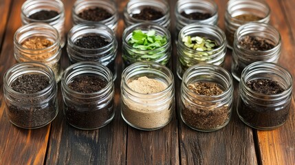 Various Soil Samples in Glass Jars on Wooden Surface