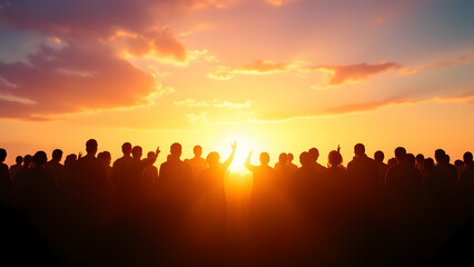 Fototapeta premium People Silhouetted Against a Vibrant Sunset