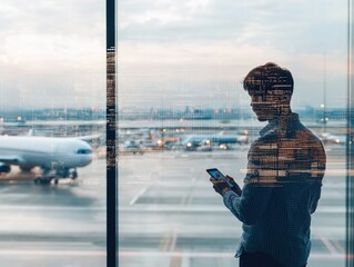 Man Using Smartphone by Airport Window with Airplane in Background, Tech-Savvy Travel Scene, Business Travel and Connectivity, Modern Digital Lifestyle at Airport
