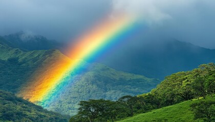 A vibrant rainbow arcs over lush green mountains, creating a serene and picturesque landscape.