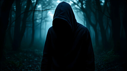 Mysterious Figure in Dark Forest Atmosphere