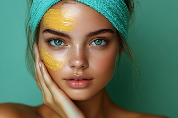 A serene model with a teal headband and a yellow stripe of mask on her cheek, her blue eyes standing out in the shot