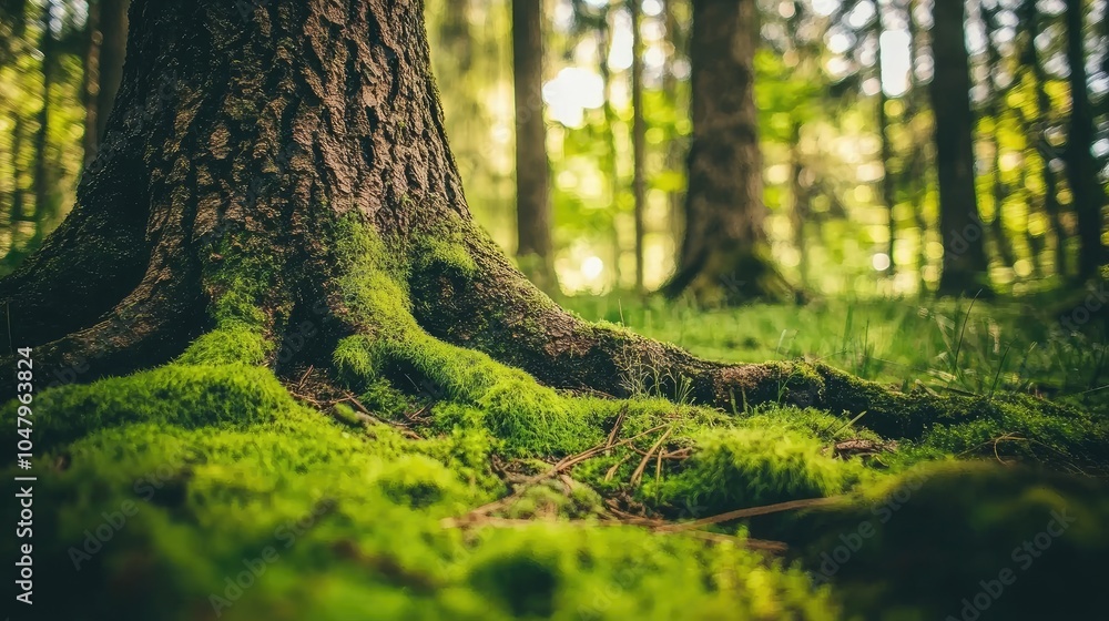 Poster macro shot of moss on tree trunk in forest setting