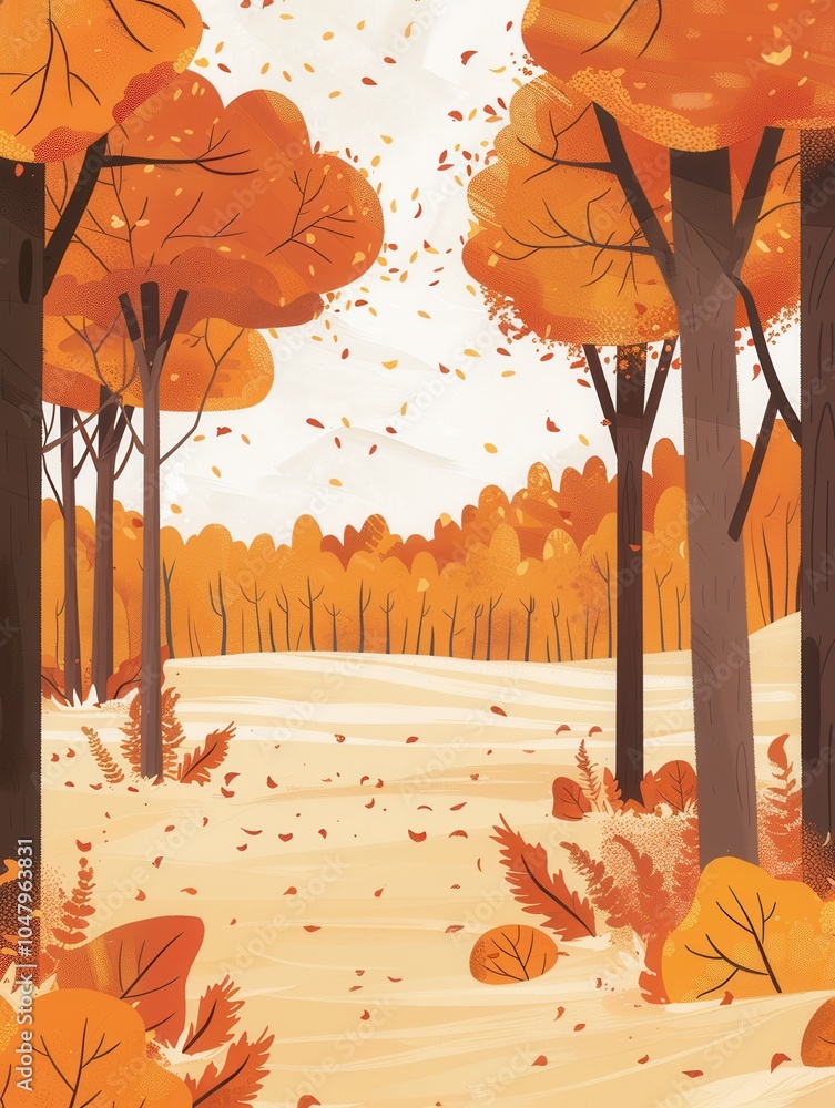 Poster a peaceful autumn forest features trees adorned with bright orange and yellow leaves, creating a ser
