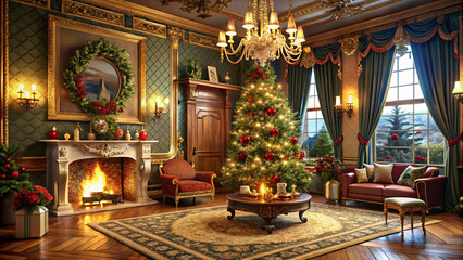 Obraz premium A Victorian living room, featuring warm Christmas decor, a tall tree, and an elegant chandelier, creating a festive yet classic atmosphere