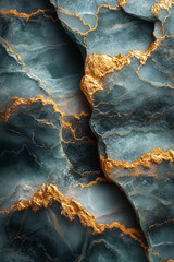 Obraz premium A wide view of the marble landscape, blending together swirling teal waves and shining gold accents, resembling an abstract landscape