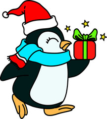 Hand drawn Christmas Penguin Cartoon Illustration