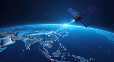 Low-Earth Orbit Satellite Network: Blue Data Beams & Global Connectivity in a Cinematic Night Sky