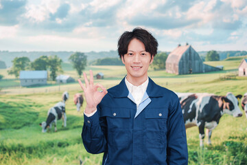 牧場で働く若い男性