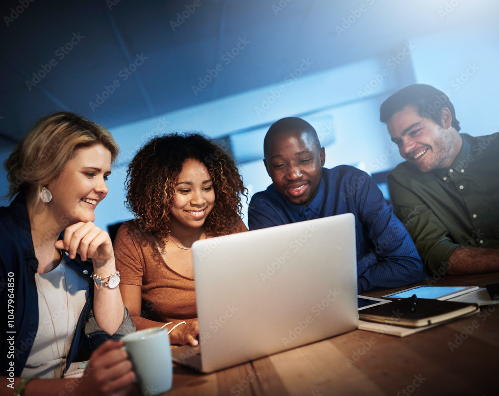 Poster Office, smile and business people with meeting by laptop for server, testing and launch plan. IT developer, discussion and programming with tech at night for backend development, debugging or support