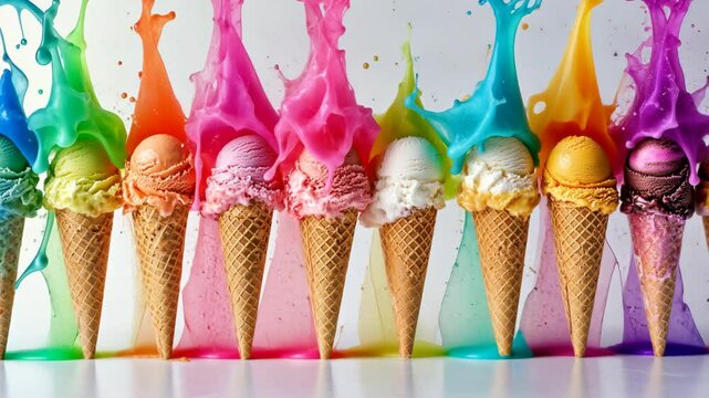 A row of ice cream cones stand on a white surface, each topped with a different flavor and a splash of colorful liquid