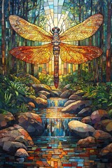Obraz premium Vibrant stained glass dragonfly over serene stream in lush forest setting capturing the essence of nature's beauty