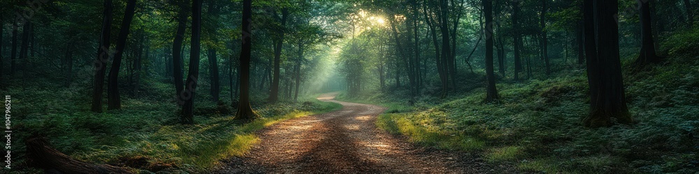 Aufkleber serene forest path illuminated by soft sunlight.