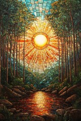 Stunning stained glass art depicting a vibrant sunrise over a serene river surrounded by lush trees and reflective waters