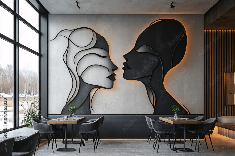 Poster two abstract profiles, one light, one dark, face each other in a modern dining space. the contrast i