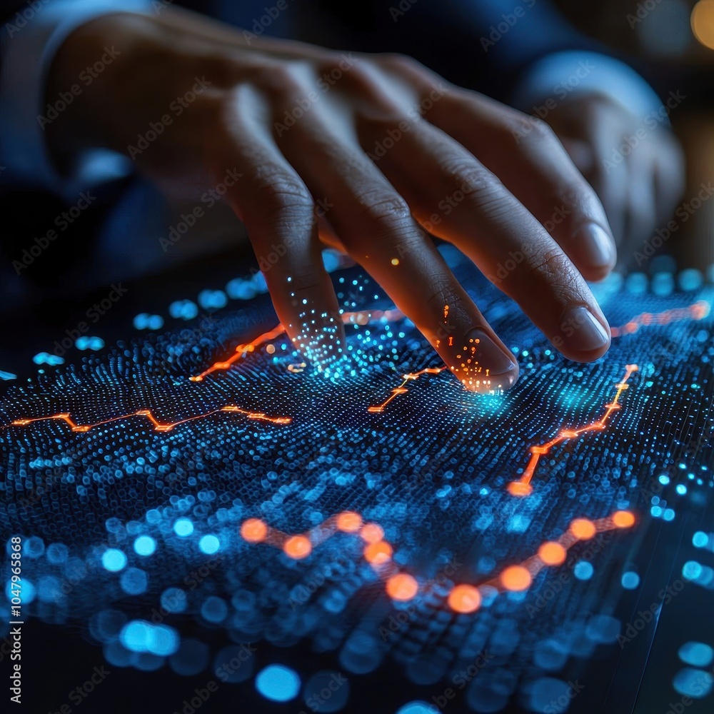 Poster a hand interacts with a digital interface displaying dynamic data visualizations, combining glowing 