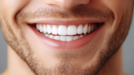 A young man on a grey background with a lovely smile. Whitening teeth