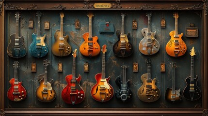 Naklejka premium A collection of guitars are displayed in a case. Generative AI