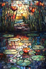 Stunning stained glass artwork depicting a serene pond with lilies and a frog amidst vibrant flowers and reflections at sunset