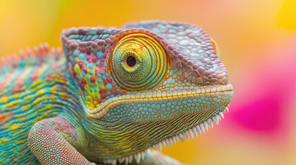 Fototapeta premium Reptile coloring in trendy colors.Colorful chameleon with bright skin and unique ability to change color.Trendy,trendy,wild reptile for projects related to nature,wildlife and reptiles.