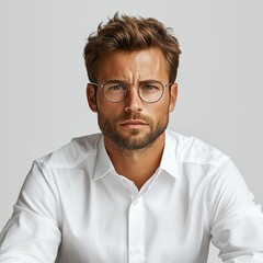 Obraz premium A serious-looking man with glasses and a stylish shirt poses against a neutral background, exuding confidence and sophistication.