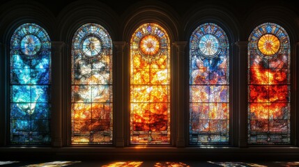 Obraz premium A series of stained glass windows with different colors and designs. Generative AI