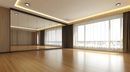 Fototapeta premium Modern Interior Design with Mirror Wall and Sunlit Windows.