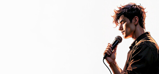 A male singer singing into a handheld microphone against a white background.