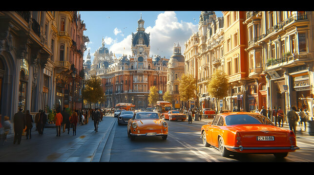 Fototapeta Vintage Cars on a Busy City Street Illustration