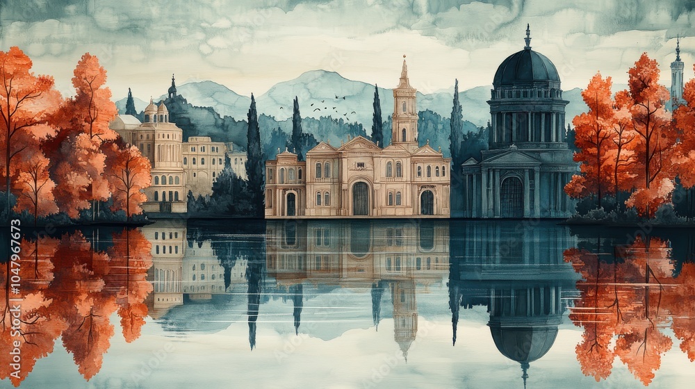 Poster a painting of a city with a large building in the middle. generative ai