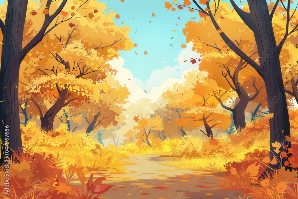 Aufkleber a serene forest path surrounded by trees displaying brilliant golden and orange leaves, showcasing t
